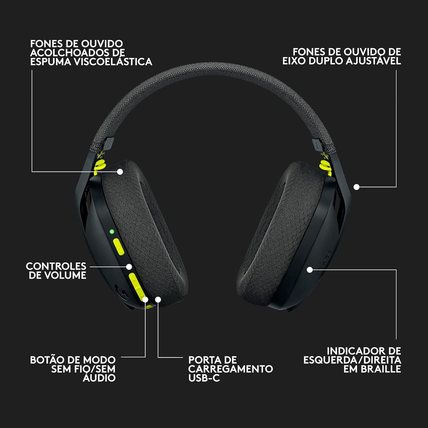 Headset Gamer Sem Fio Logitech G435 LIGHTSPEED, Conexão USB e Bluetooth, Design Leve e Confortável, Microfone Embutido, Bateria de até 18h - Compatível com Dolby Atmos, PC, PS4, PS5, Mobile – Preto