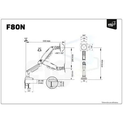 Suporte de Mesa Articulado para Monitores de 17" a 35", ELG, Ajuste de altura com Pistão a Gás - F80N