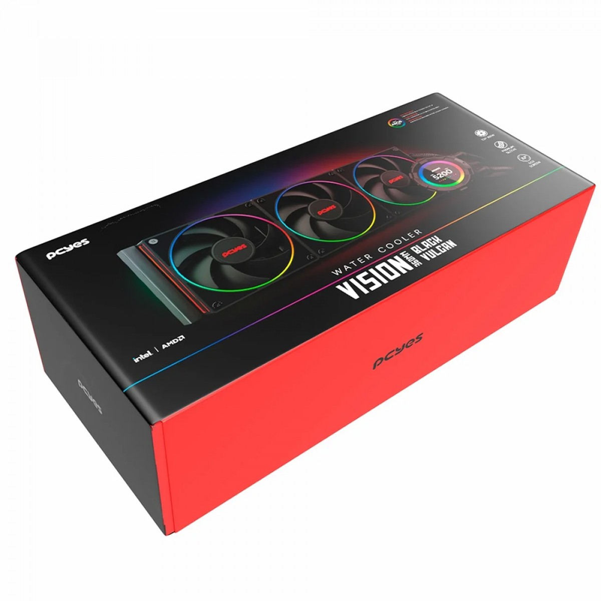 Water Cooler PCYES Vision Black Vulcan, ARGB, 360mm, Intel-AMD, Tela LCD, Preto, VS360BV