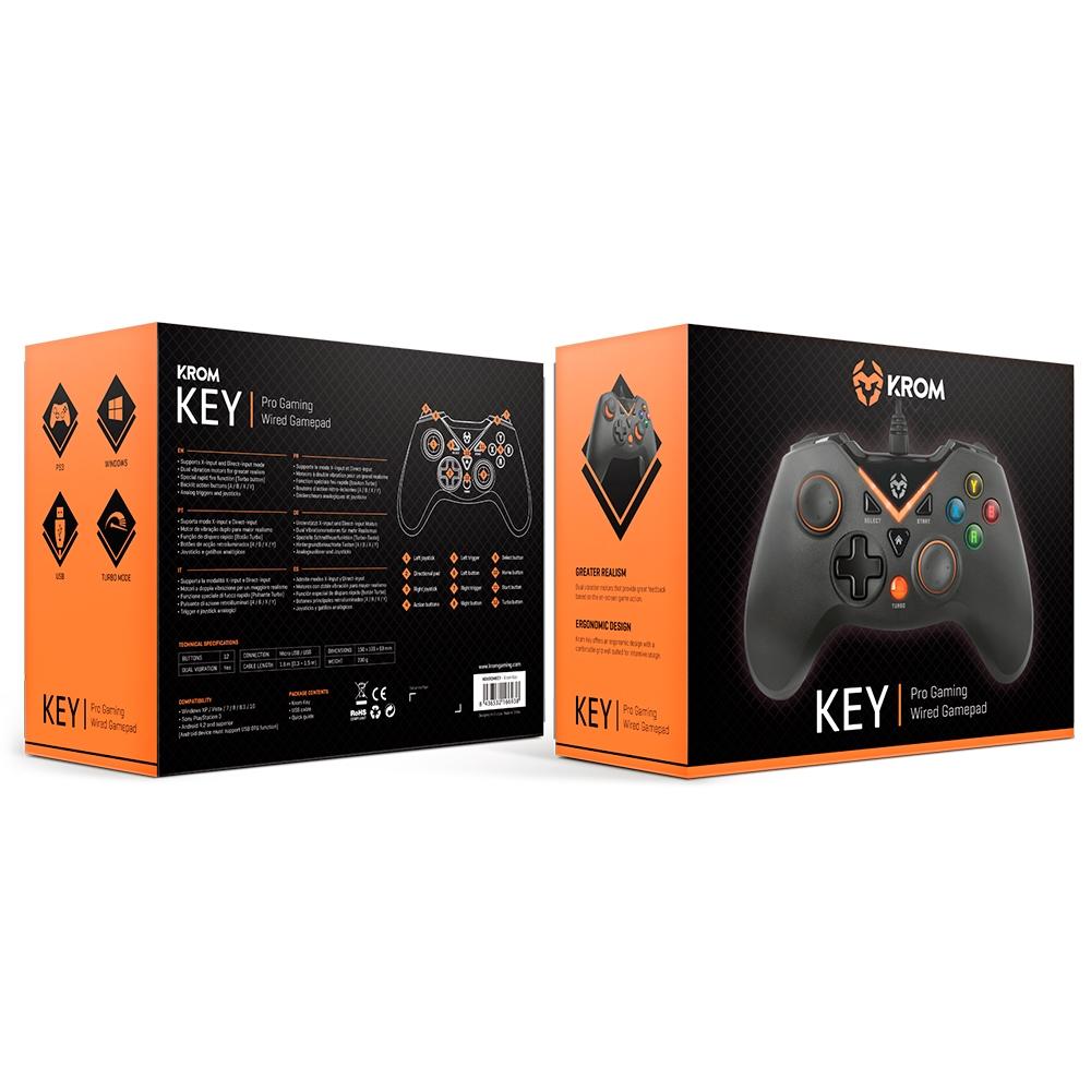 Controle NOX Krom Gaming KEY, PC, PS3, Android, Preto Fosco/Laranja - NXKROMKEY