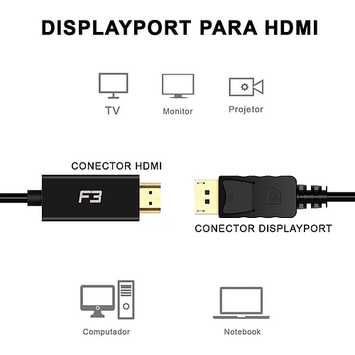 Cabo Adaptador Conversor F3, Displayport x HDMI, 1.8m