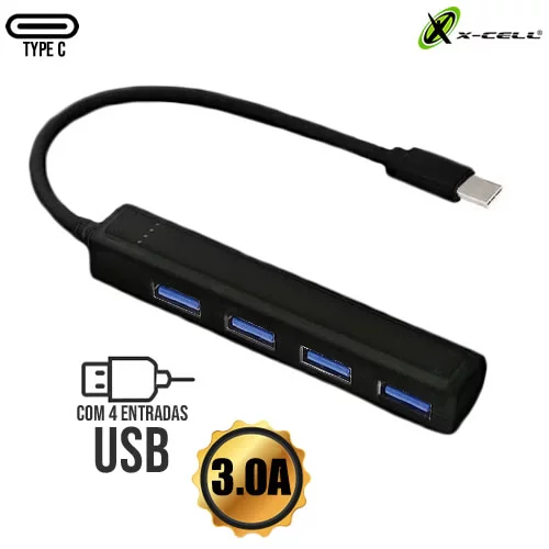 Hub USB Tipo C com 4 USB 3.0 X-Cell XC-HUB-9 / USB pra celular